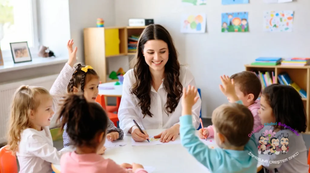 Educatoare lucrând cu un grup mic de copii într-o grădiniță privată din sectorul 6