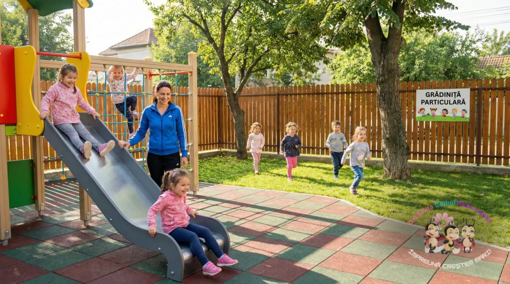Copii jucându-se pe un loc de joacă exterior sigur la o grădiniță privată din sectorul 6