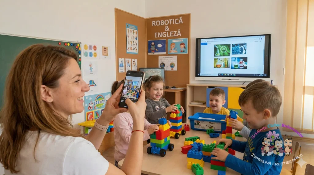 Educatoare de grădiniță privată care lucrează cu copiii la activități opționale și trimite poze părinților