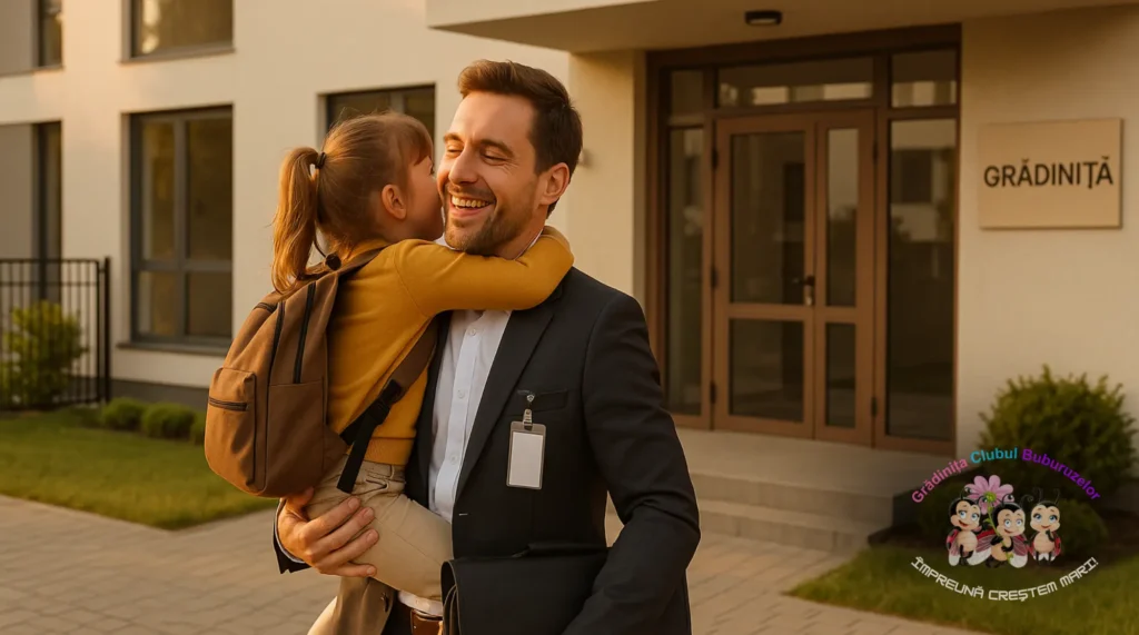 Părinte care își ia copilul de la o grădiniță privată cu program prelungit