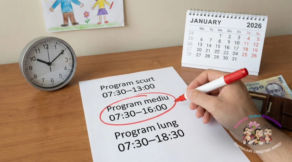 Listă comparativă cu program scurt, mediu și lung la grădiniță privată și diferențe de preț