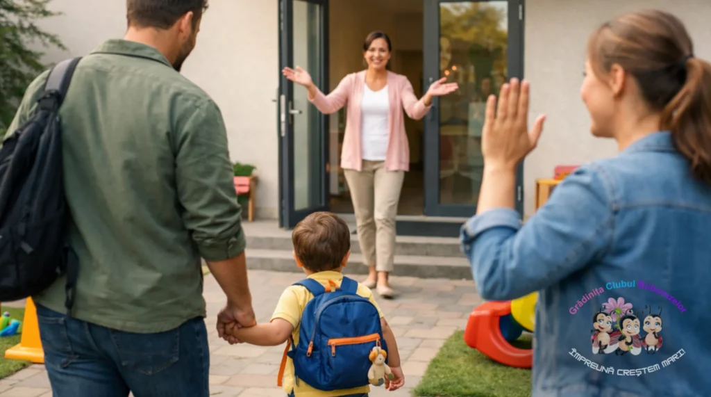 Tranziție bonă + grădiniță: copil cu ghiozdănel, părinte și educatoare la intrare