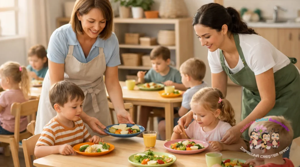 Copii servind masa într-o grădiniță privată din Drumul Taberei, cu educatoare