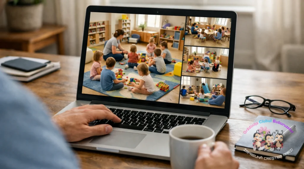Părinte care urmărește supravegherea video live într-o grădiniță din Sector 6