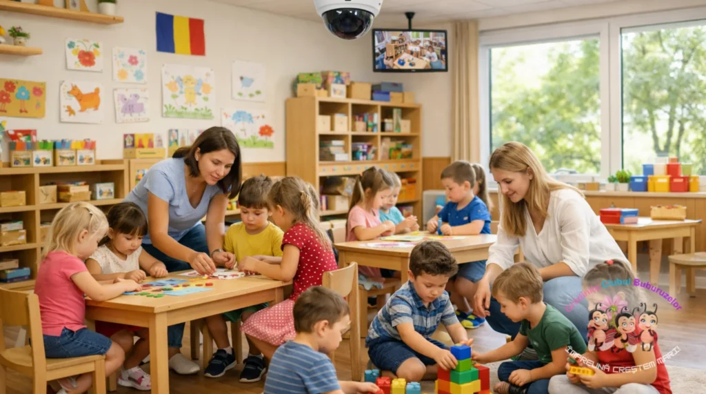 Interior grădiniță privată Sector 6 cu grupe mici de 15 copii, educatoare și sistem de supraveghere video live pentru părinți.
