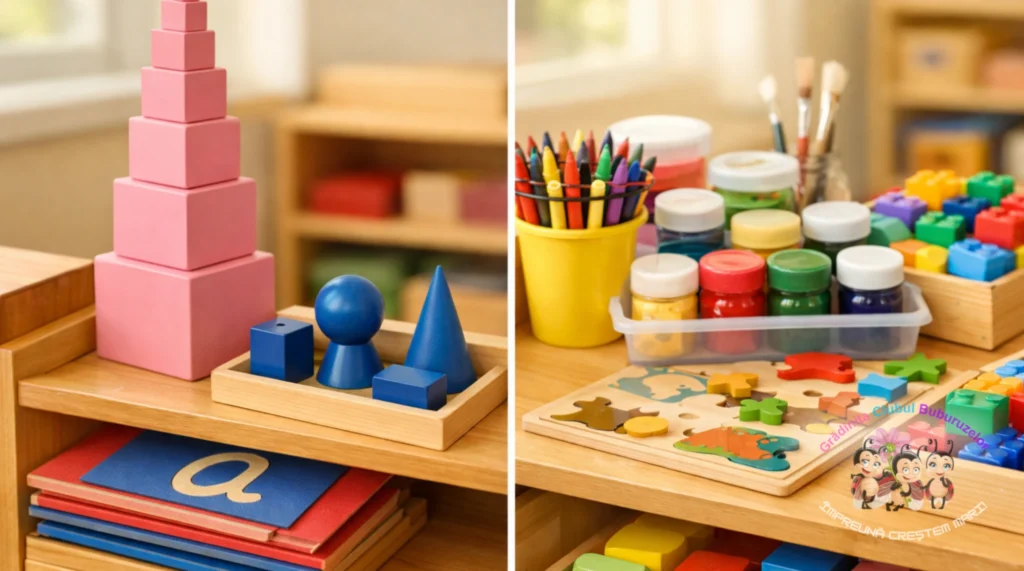 Materiale Montessori, cuburi educative și rechizite colorate într-o grădiniță privată din Sector 6 București