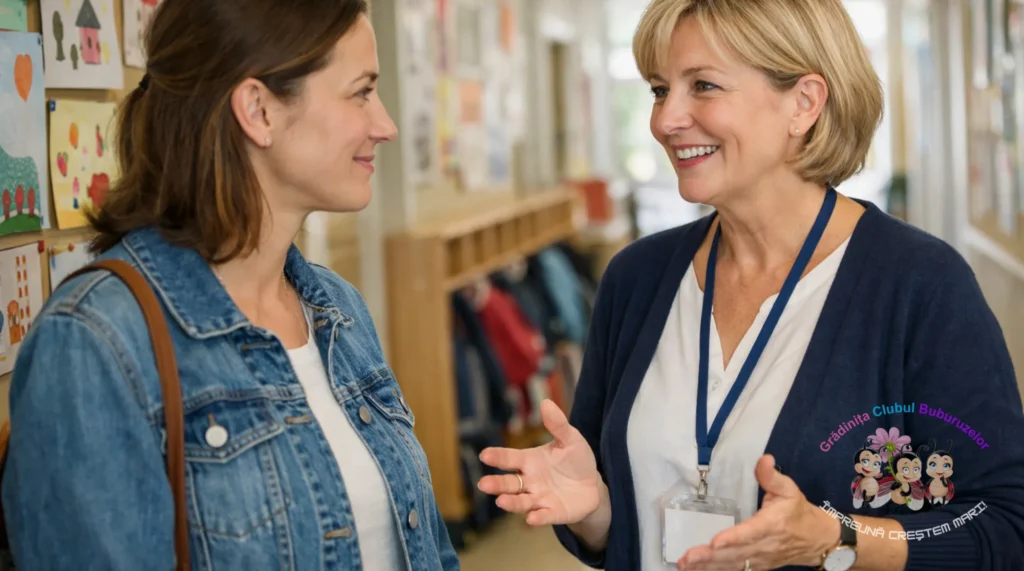 Educatoare discutând deschis și prietenos cu o mămică pe holul unei grădinițe private, ilustrând o comunicare transparentă cu părinții.