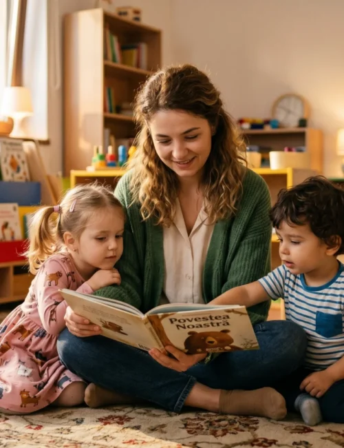 Educatoare răbdătoare citind cu copii în procesul de acomodare blândă la Clubul Buburuzelor, grădiniță privată Sector 6 Ghencea