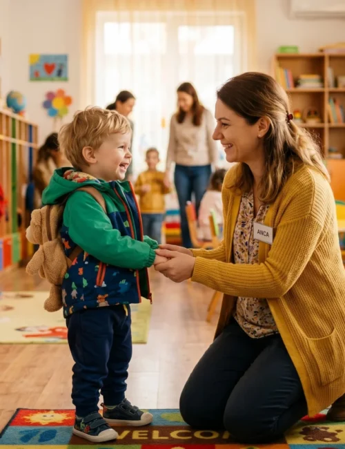 Educatoare primind un copil zâmbitor la intrarea în Clubul Buburuzelor, grădiniță privată Sector 6, Brâncuși