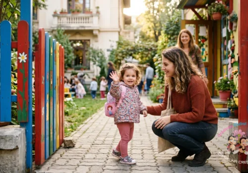 Mamă și copil zâmbitor la intrarea în Clubul Buburuzelor, grădiniță privată Sector 6 lângă Ghencea