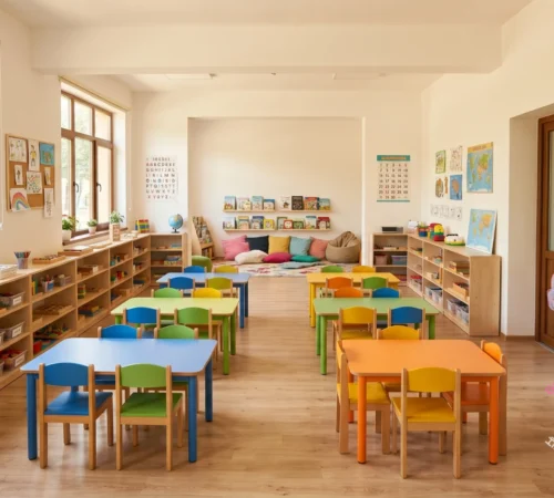 Sală de clasă luminoasă și organizată la Clubul Buburuzelor, grădiniță privată Sector 6 Brâncuși