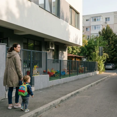 Părinte cu copil mic în fața unei creșe private din sectorul 6 București