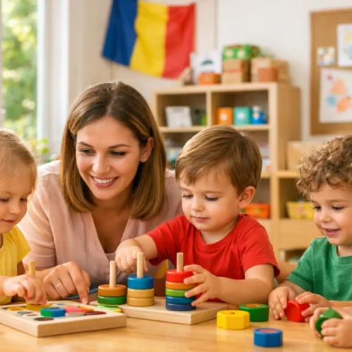 Educatoare zâmbitoare care interacționează blând și se joacă cu patru copii la o grădiniță privată, folosind jucării educative din lemn.