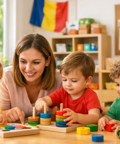Educatoare zâmbitoare care interacționează blând și se joacă cu patru copii la o grădiniță privată, folosind jucării educative din lemn.