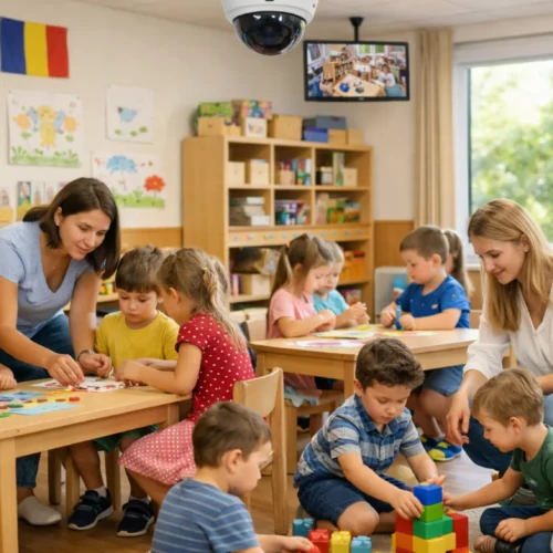 Interior grădiniță privată Sector 6 cu grupe mici de 15 copii, educatoare și sistem de supraveghere video live pentru părinți.
